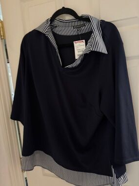 Adrianna Papell Navy Tunic with Striped Collar and Hem